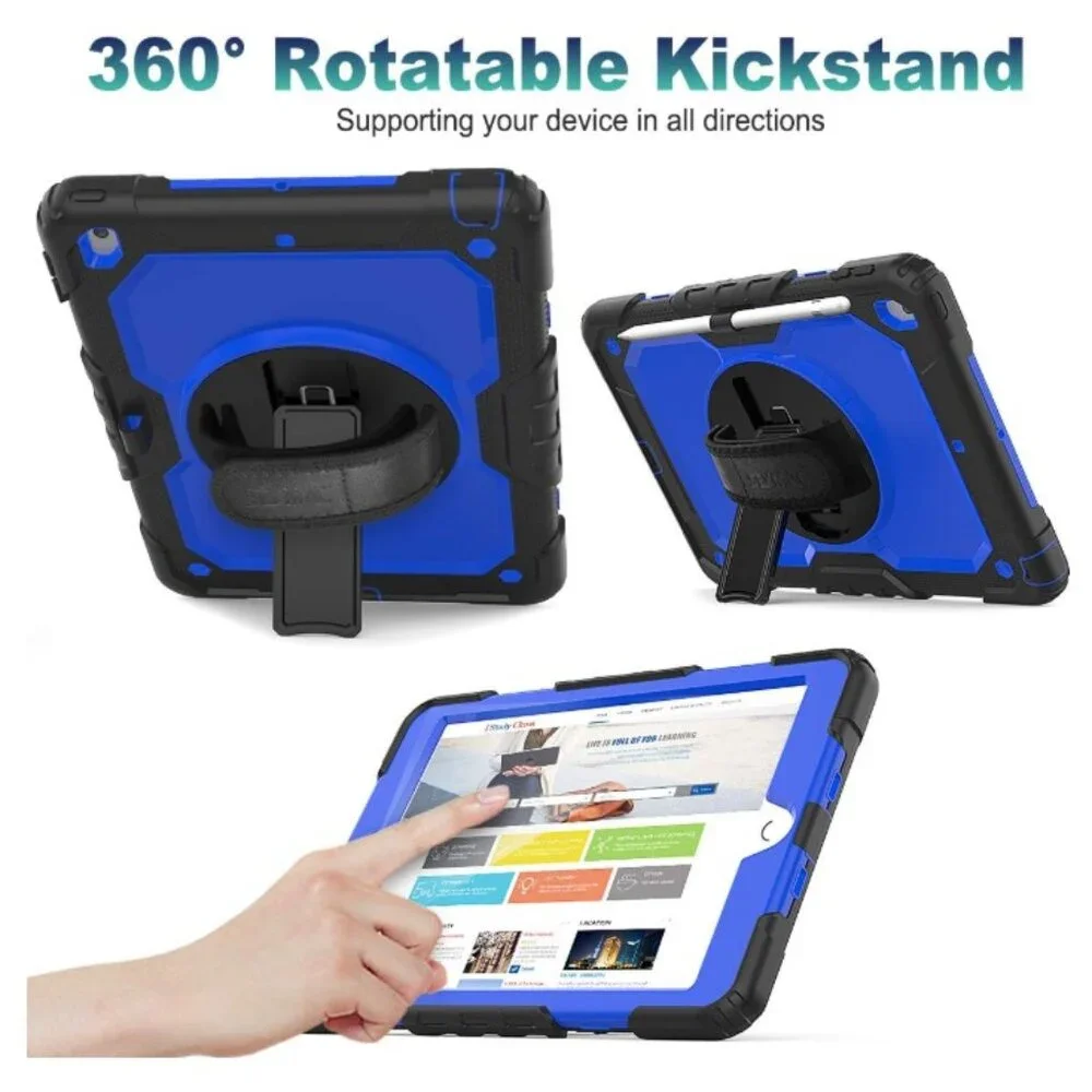 Shockproof iPad Case, Screen Protector, Pencil Holder, 360° Rotating Hand Stand